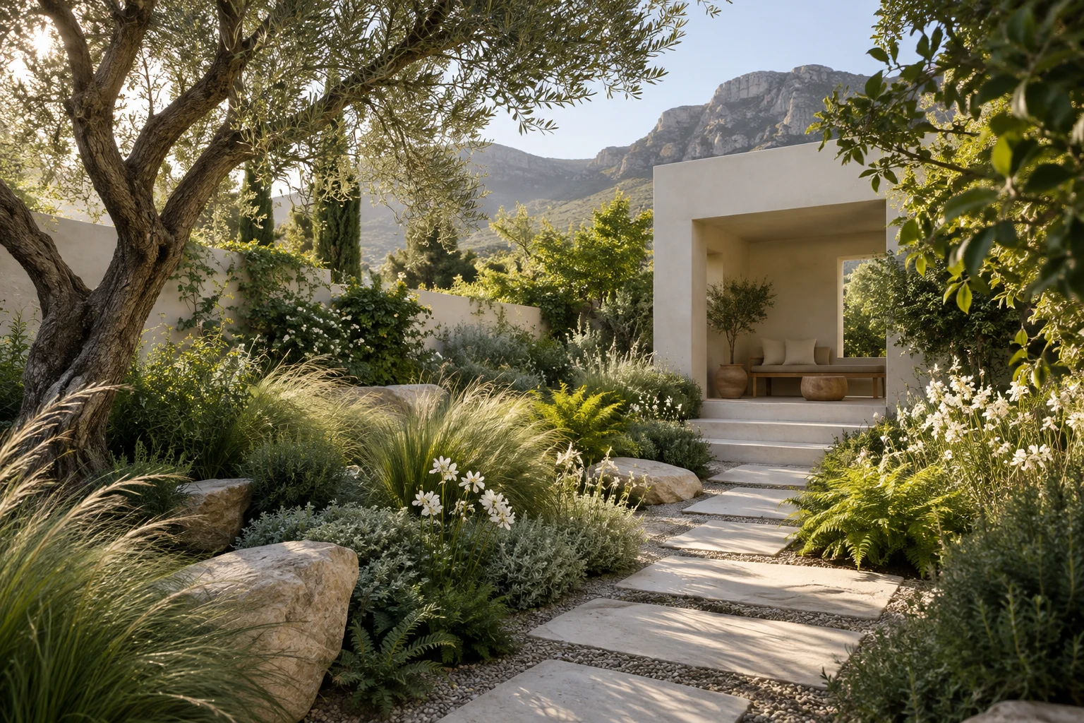 Illustrative courtyard garden with a sheltered seating area