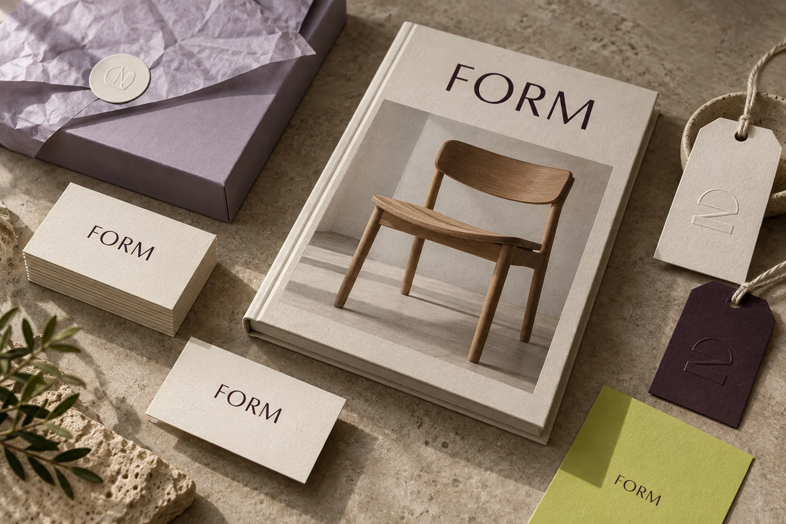 FORM brand identity with stationery, catalogue and product tags